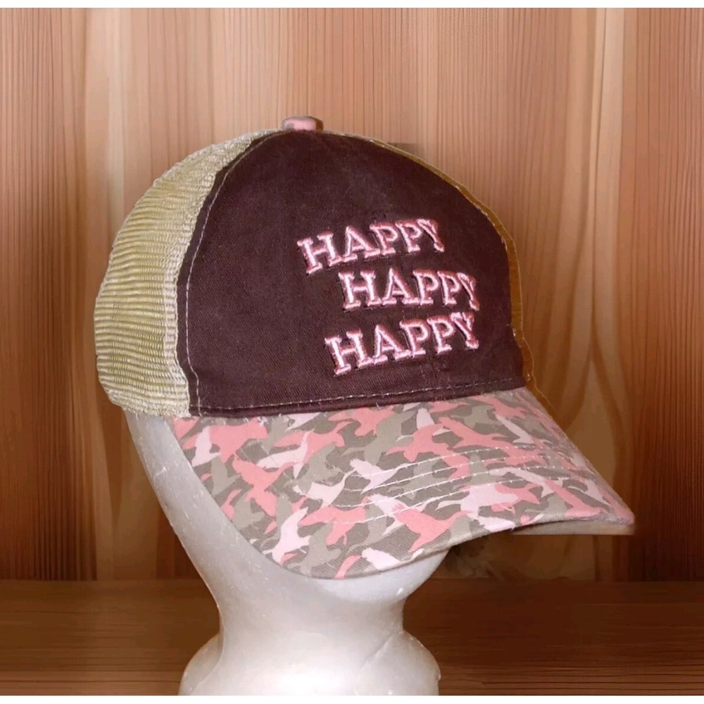 Duck Dynasty Trucker Hat Women OSFM Brown Pink Camo Happy Happy Happy Cap